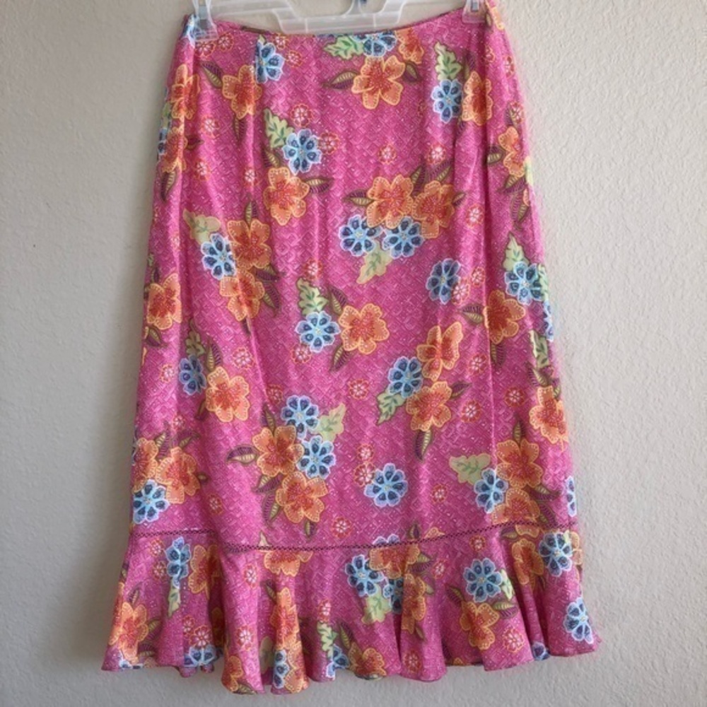 Sigrid Olsen Skirt Pink Floral Maxi Sport Maui Waves Tropical Multicolor Ruffle